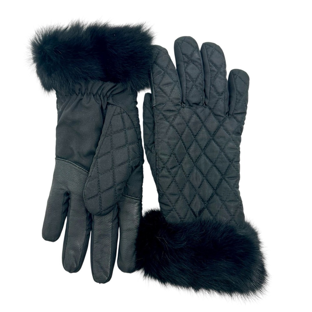 Preston & York Black Quilted Gloves Fur Trim Cuffs Sz M‎ Fleece Lined Insulated